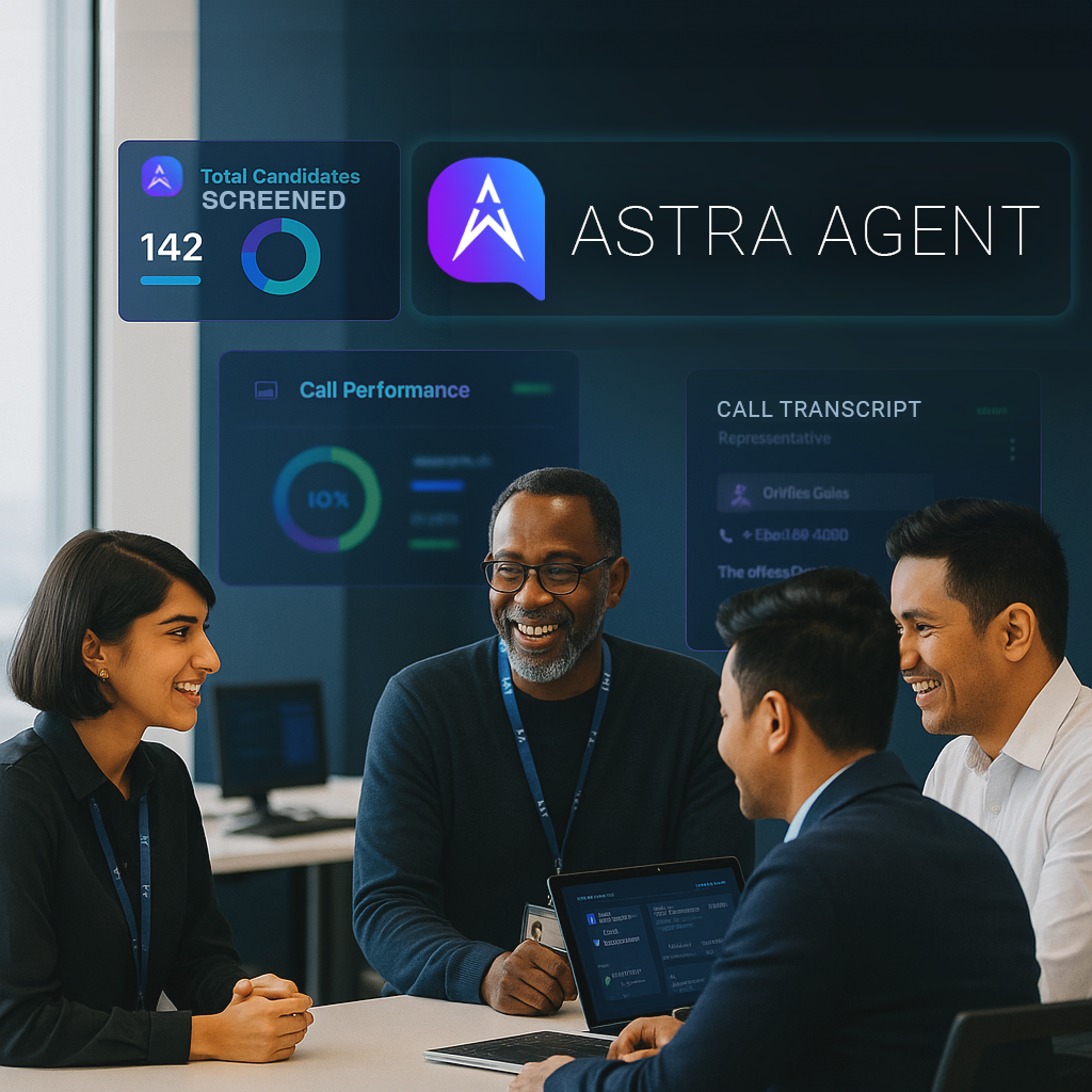 Diverse HR team collaborating with Astra Agent AI dashboard showing candidate screening metrics and call performance